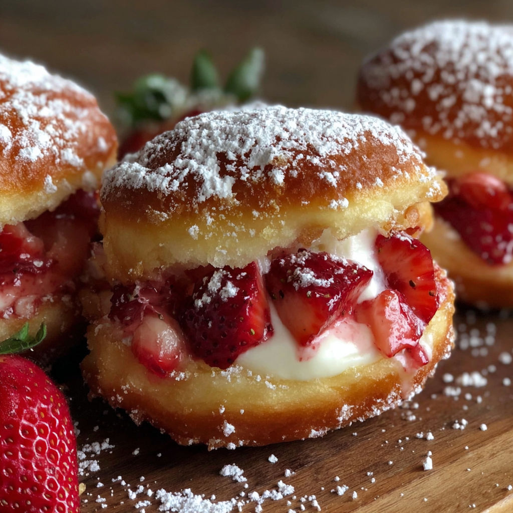 Three donuts with strawberry cheesecake filling.