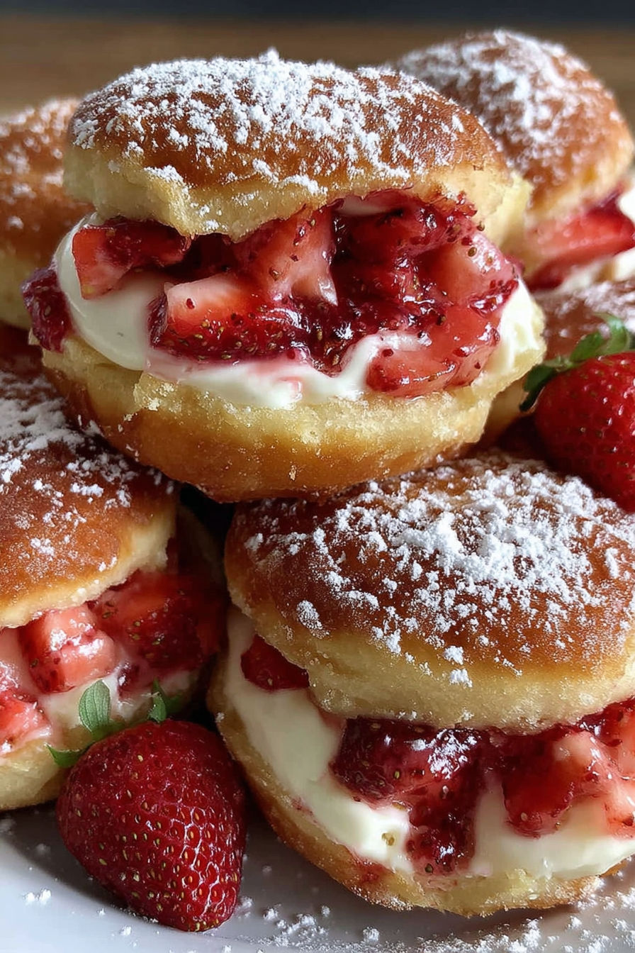 A plate of strawberry cheesecake stuffed donuts.
