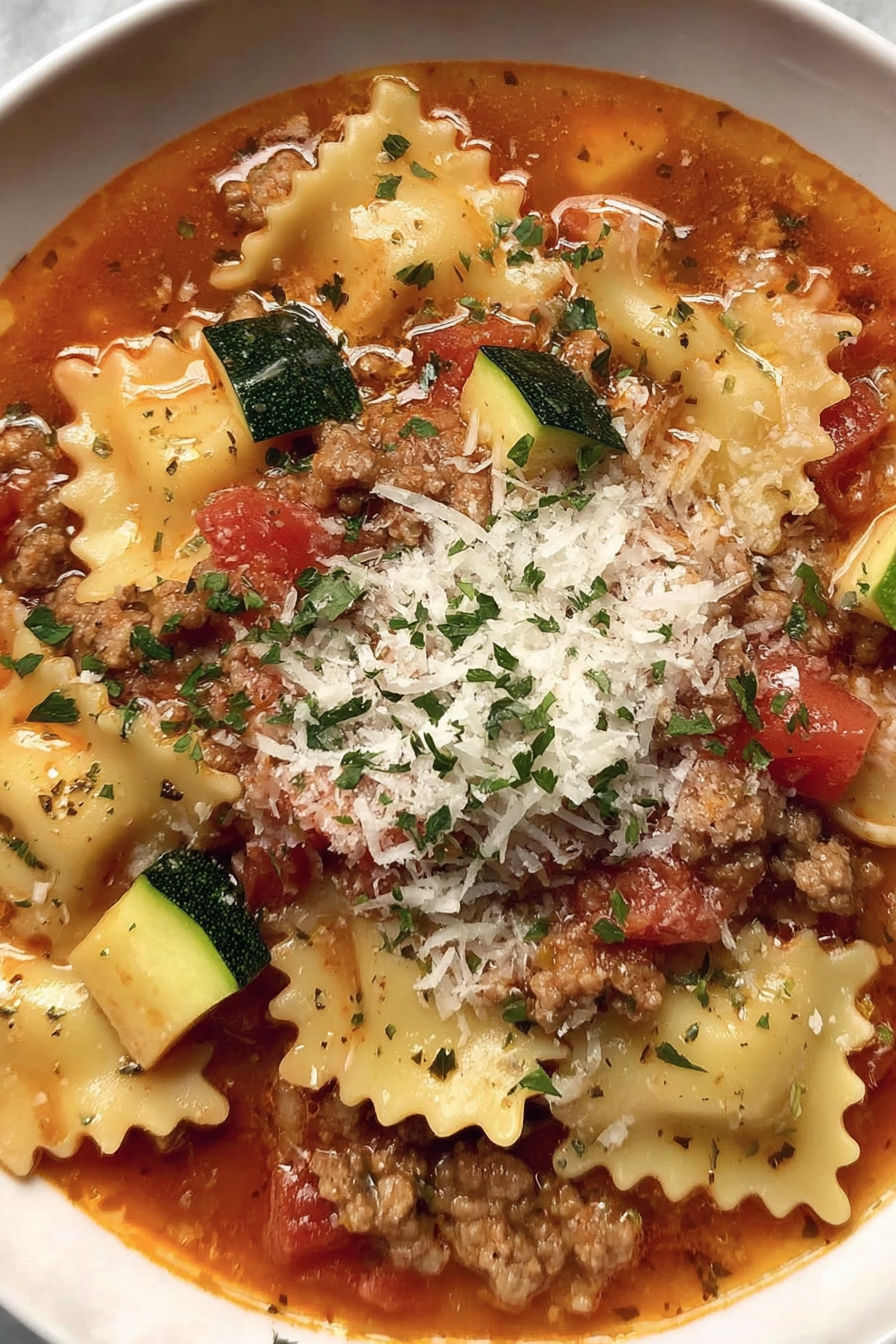 A bowl of pasta with meat and vegetables.