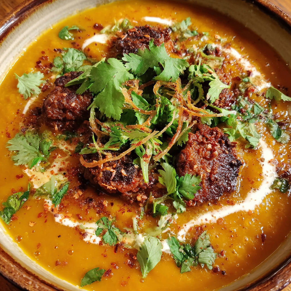 A bowl of spicy chorizo pumpkin soup.