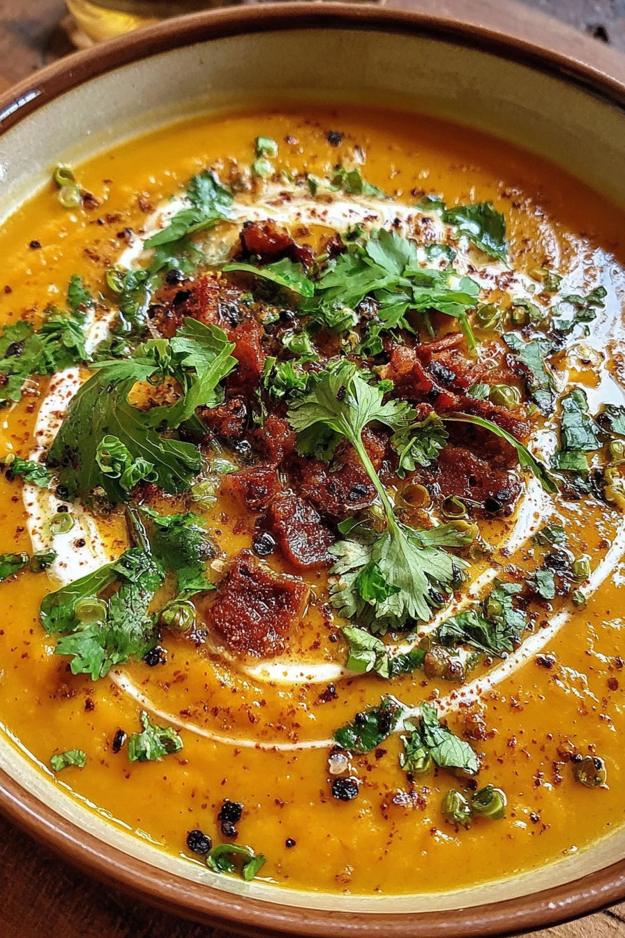 A bowl of spicy chorizo pumpkin soup.
