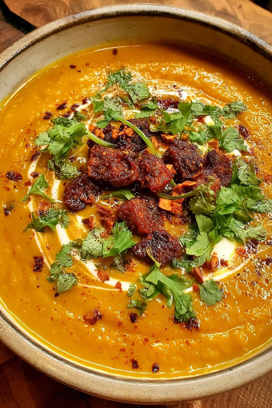 A bowl of spicy chorizo pumpkin soup.