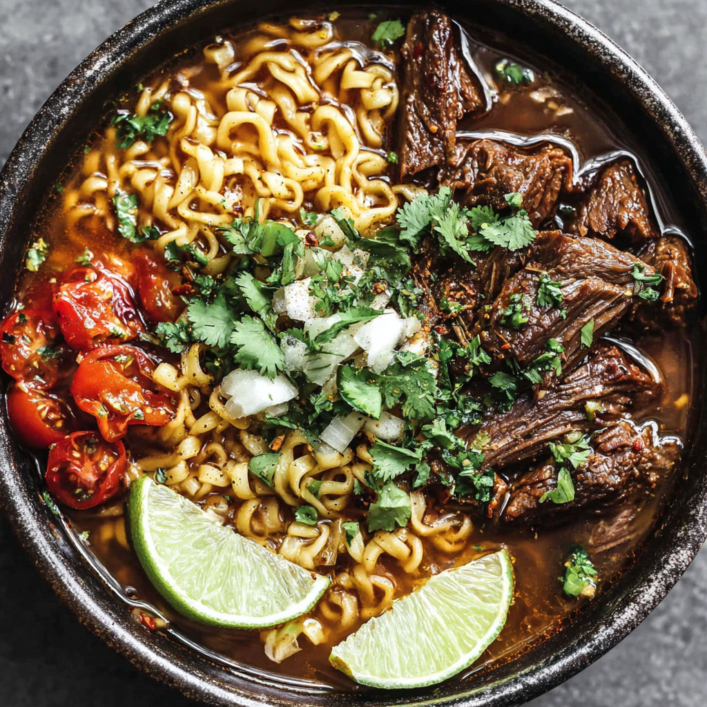 A bowl of beef birria ramen with noodles, meat, and vegetables.