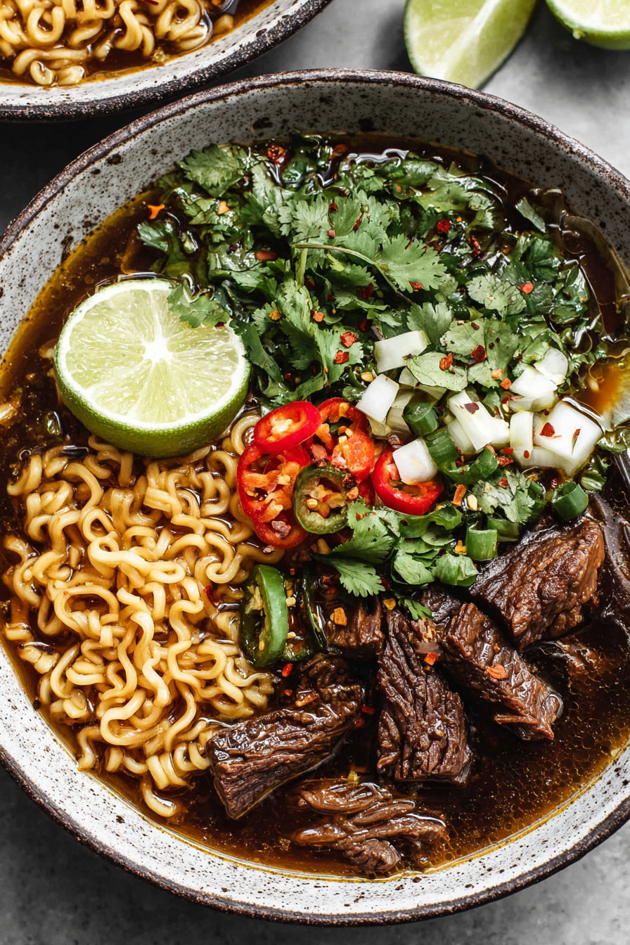 A bowl of beef birria ramen with vegetables.