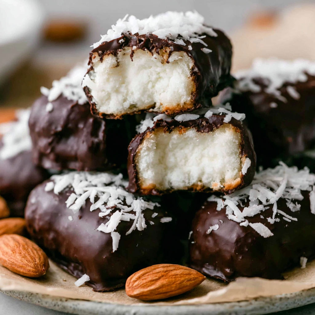 A plate of homemade almond joys.