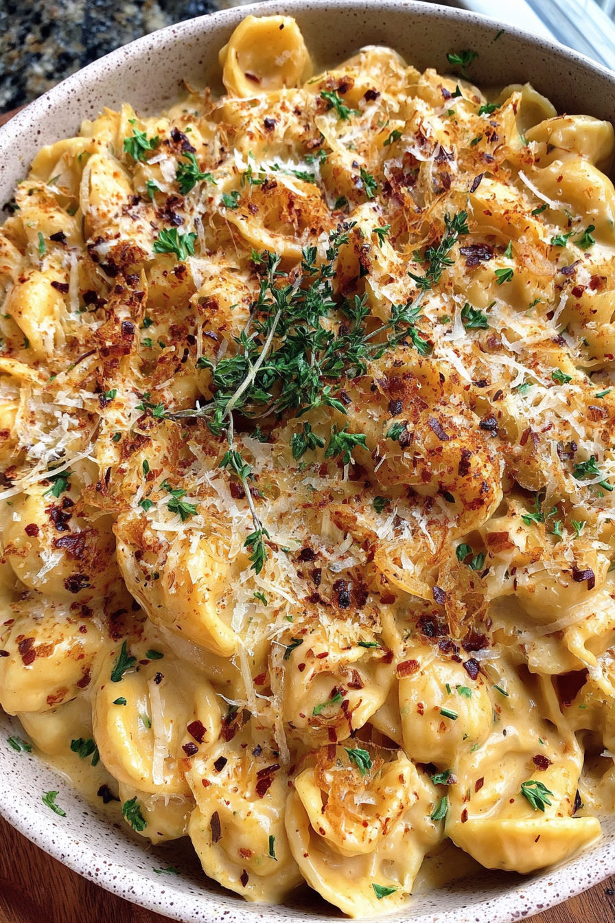 A bowl of french onion creamy pasta.