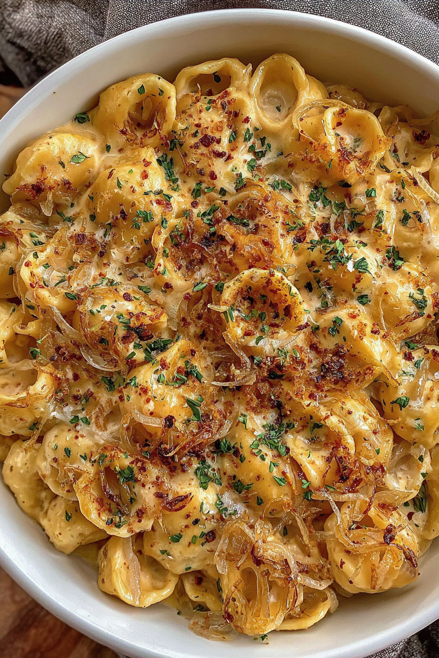 A bowl of french onion creamy pasta.