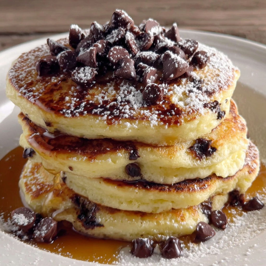 A stack of chocolate chip pancakes.