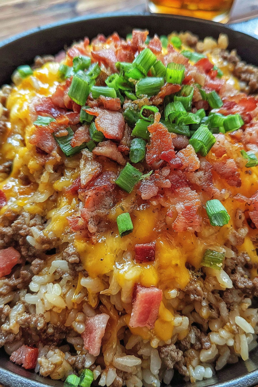A plate of bacon cheeseburger rice skillet.