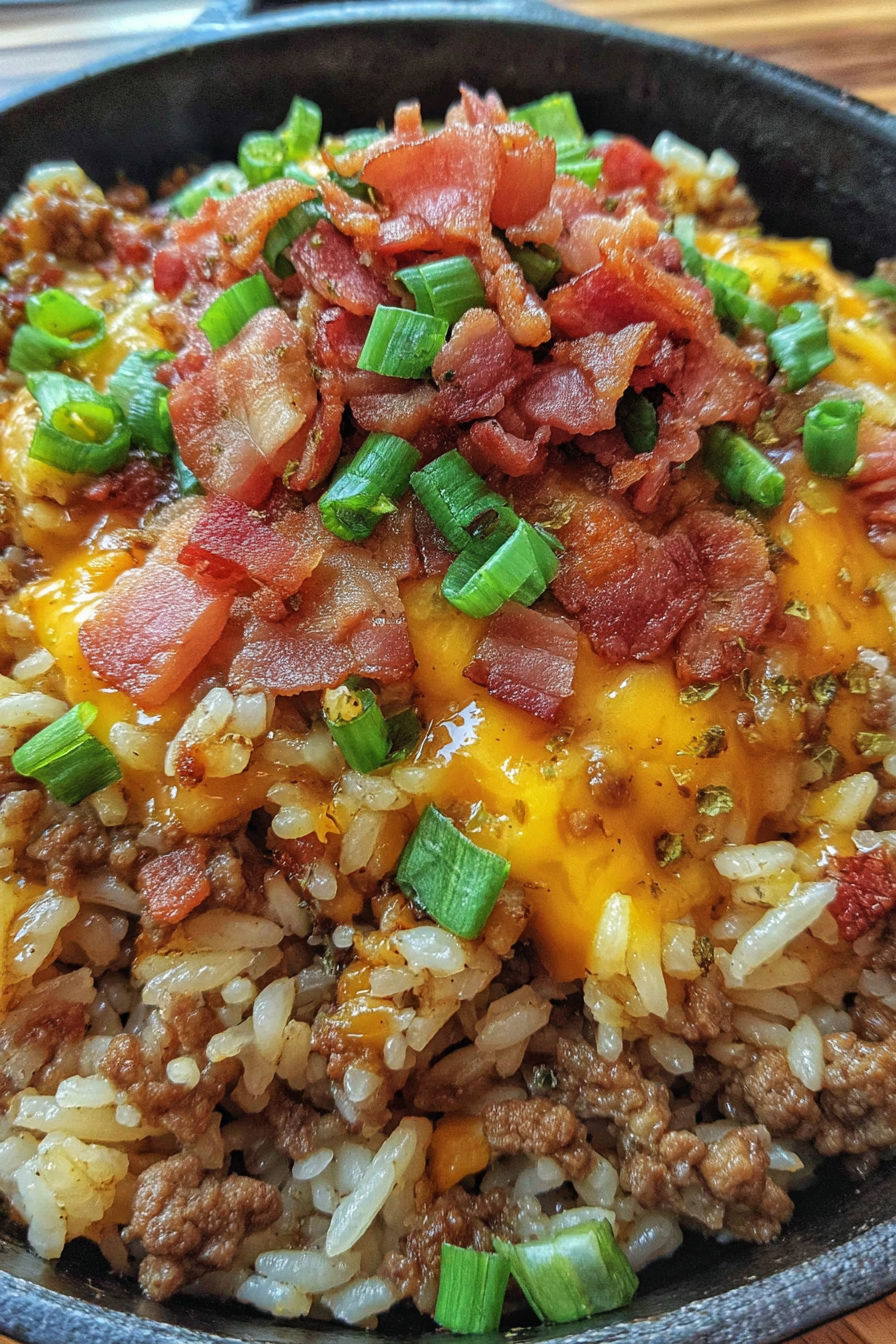 A close up of a bacon cheeseburger rice skillet.