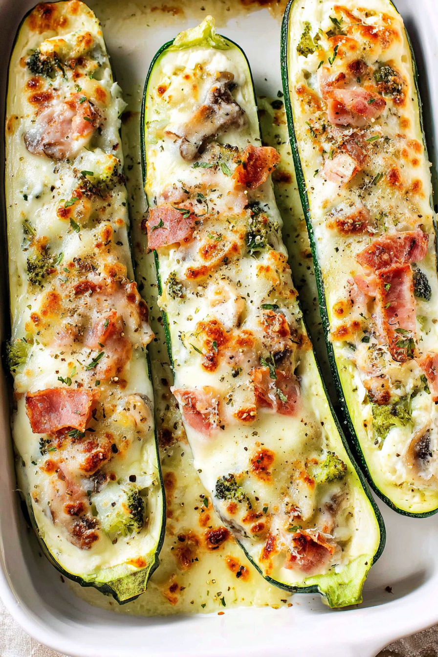 Two zucchini boats filled with cheese and mushrooms.