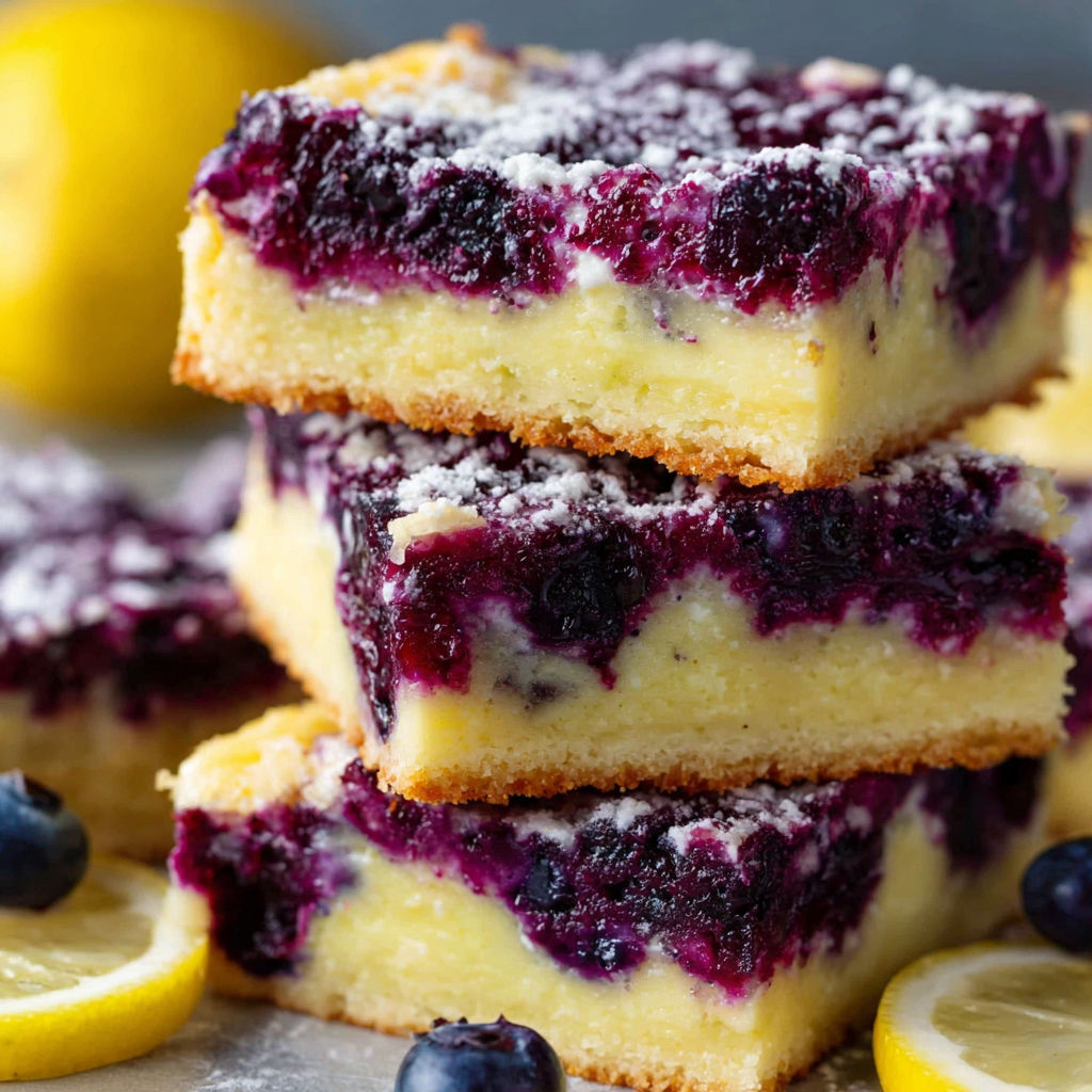 A stack of blueberry lemon bars.