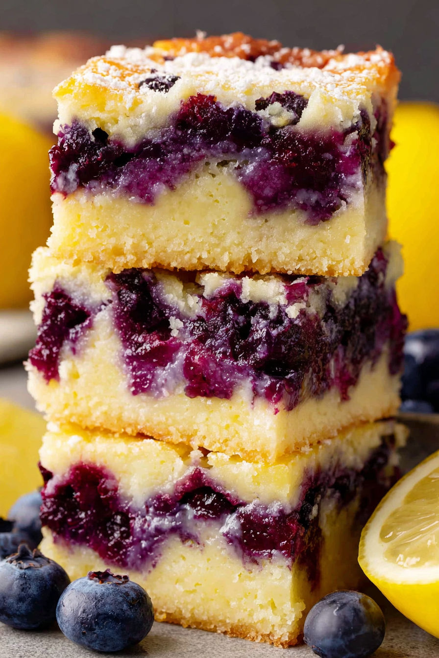 A stack of blueberry lemon bars.