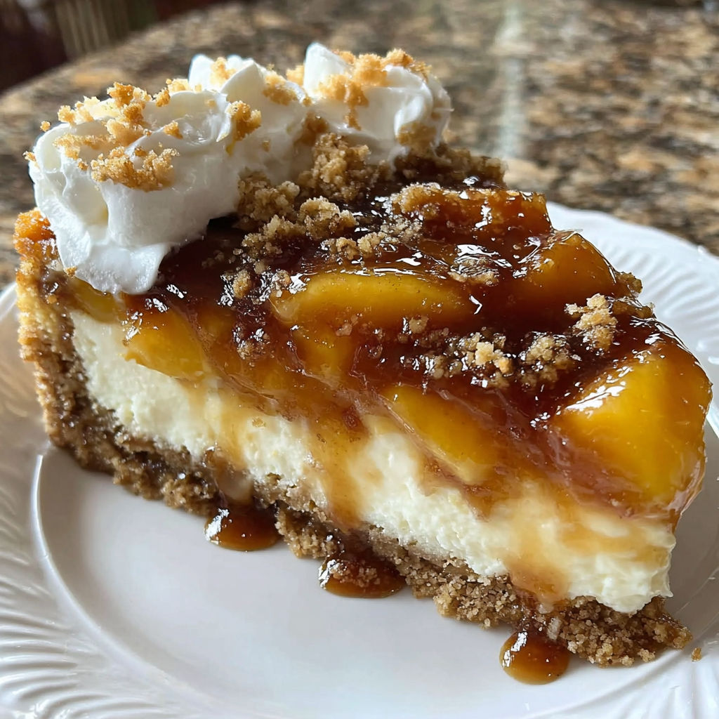 A slice of peach cobbler cheesecake on a white plate.