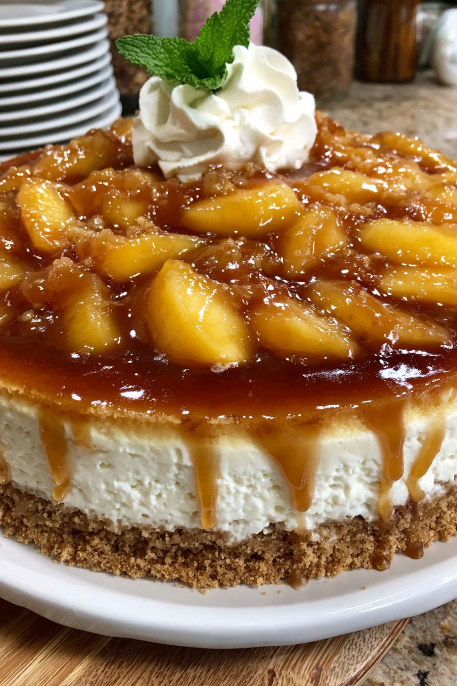 A slice of Peach Cobbler Cheesecake Fusion.