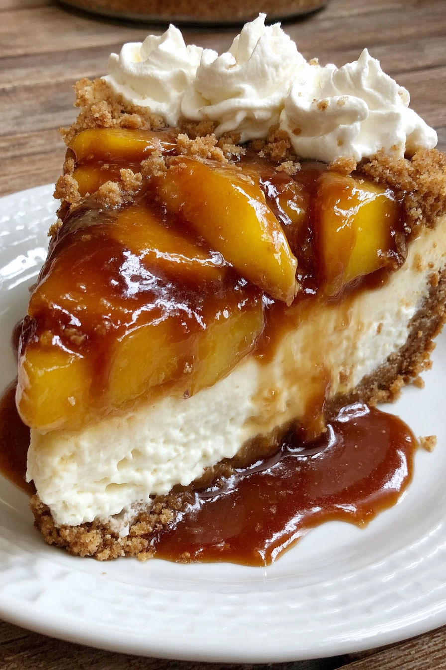 A slice of peach cobbler cheesecake on a plate.