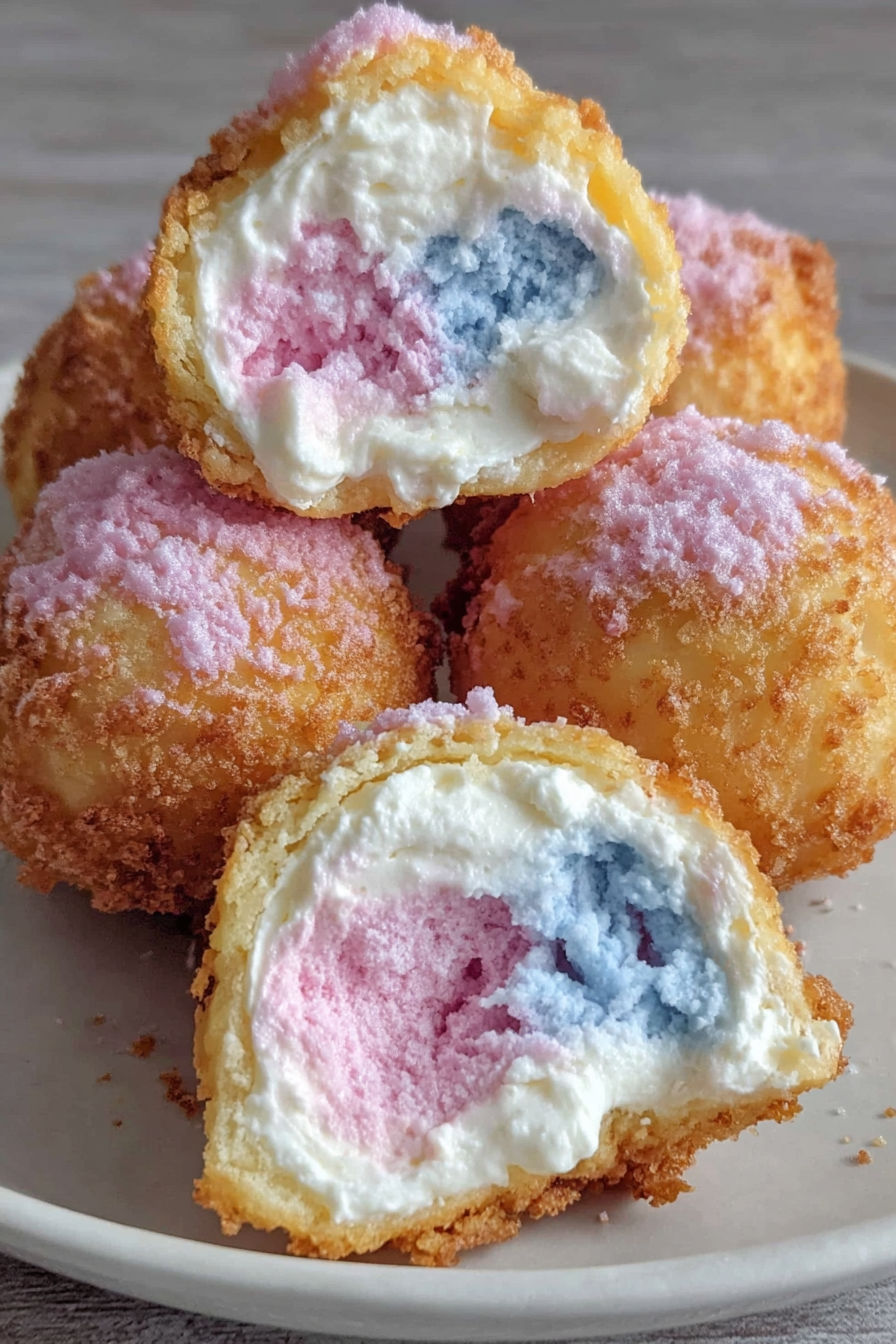 A plate of crispy cotton candy cheesecake bombs.