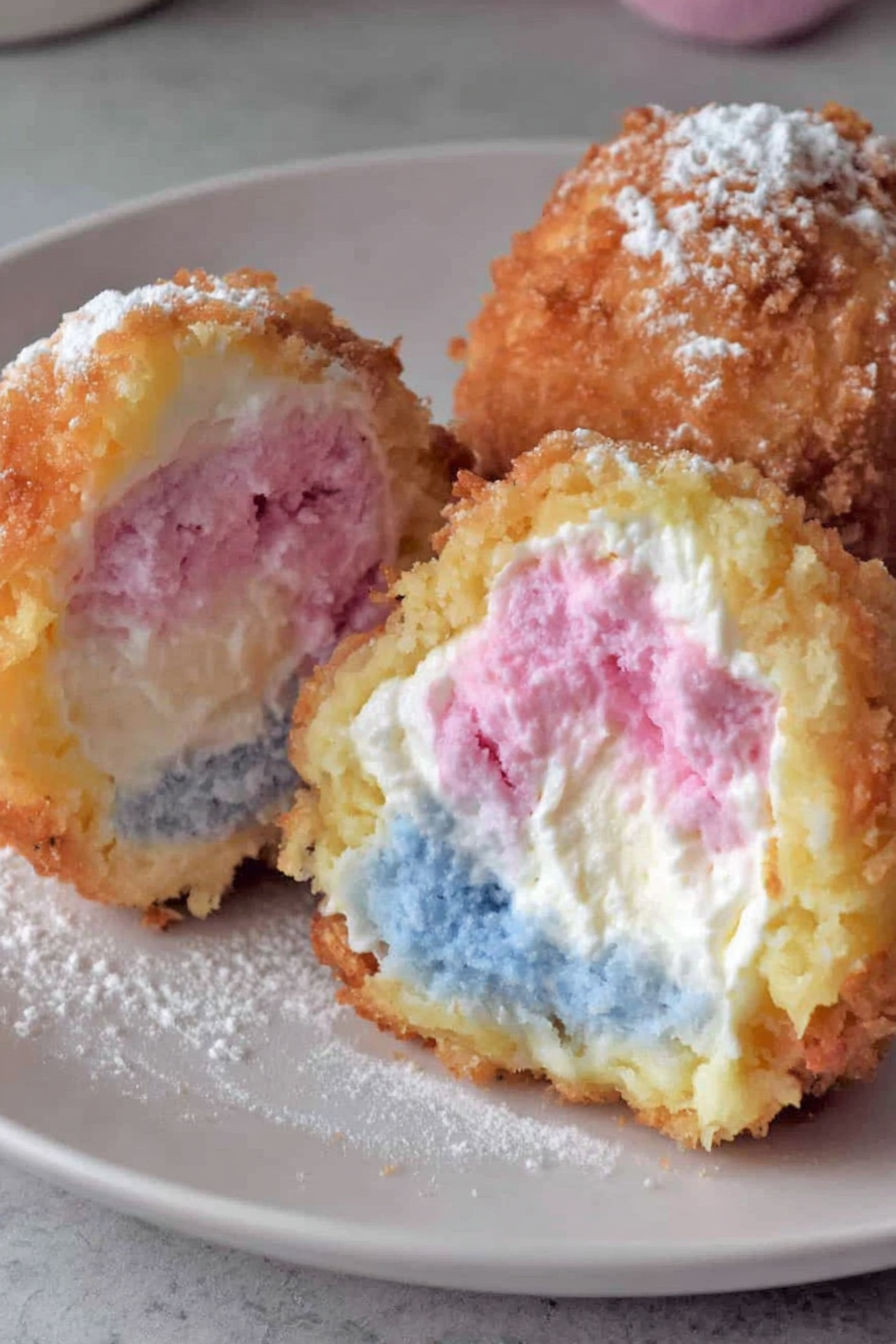 A plate of crispy cotton candy cheesecake bombs.