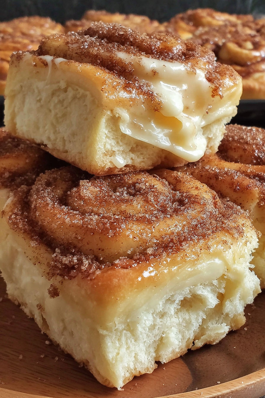 A stack of cinnamon rolls with cream cheese.