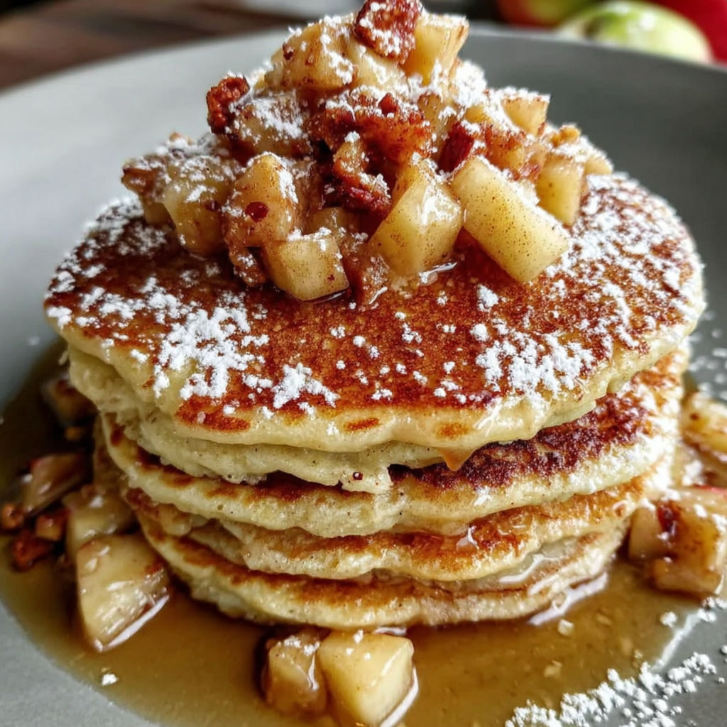 A stack of pancakes topped with apples and syrup.