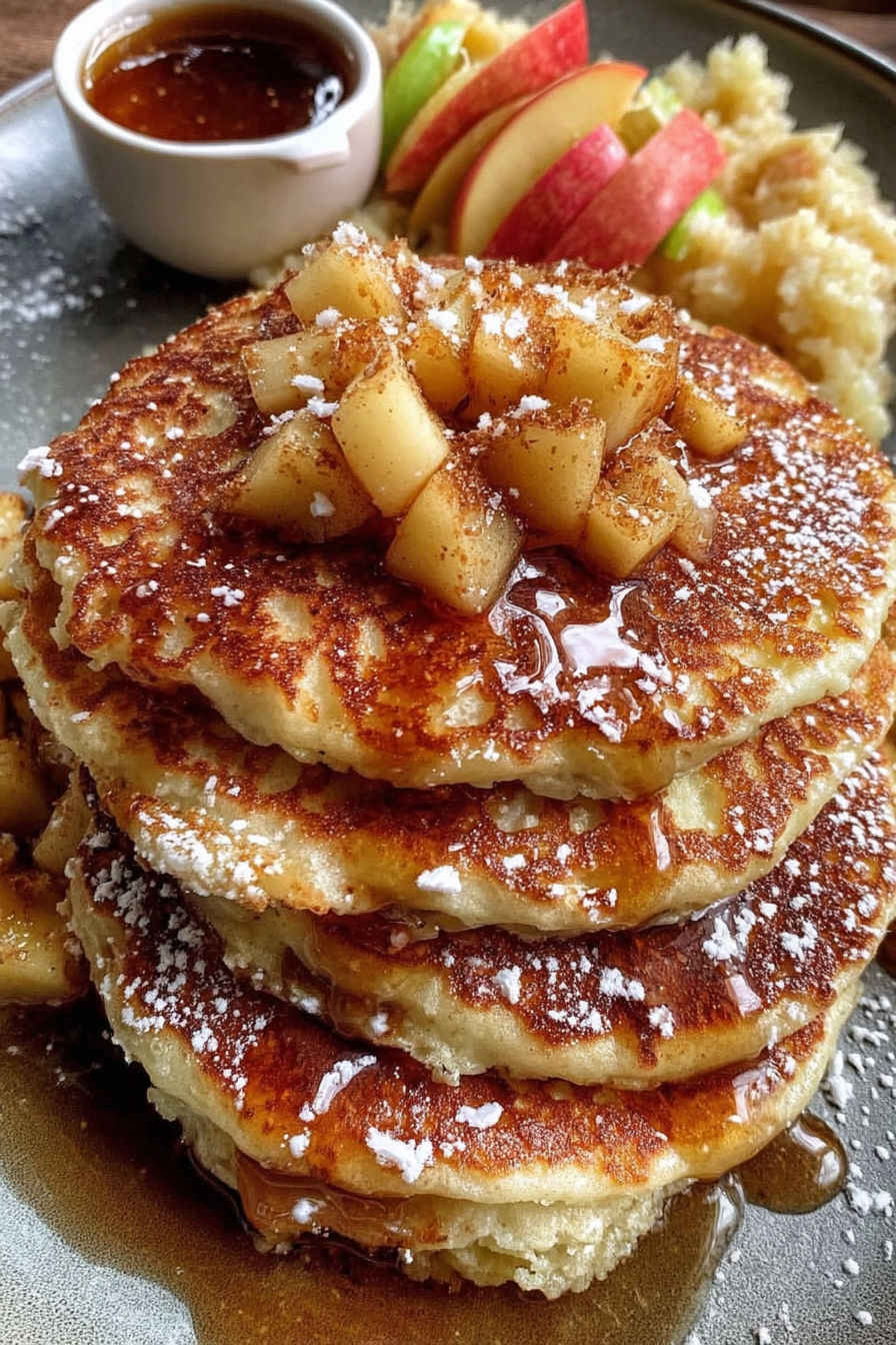 A stack of pancakes with apple slices on top and vanilla maple syrup drizzled on top.