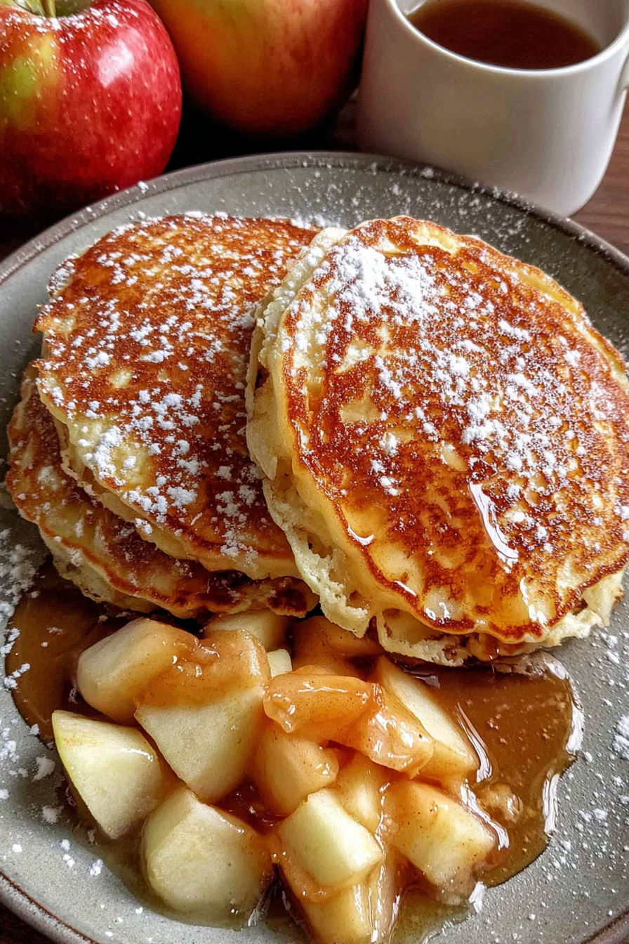 A stack of pancakes with apple slices on top and vanilla maple syrup drizzled on top.