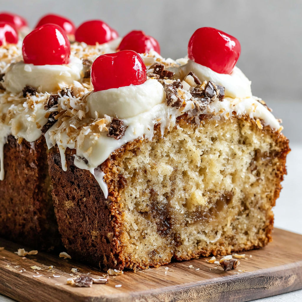 A slice of banana bread with white frosting and cherries on top.