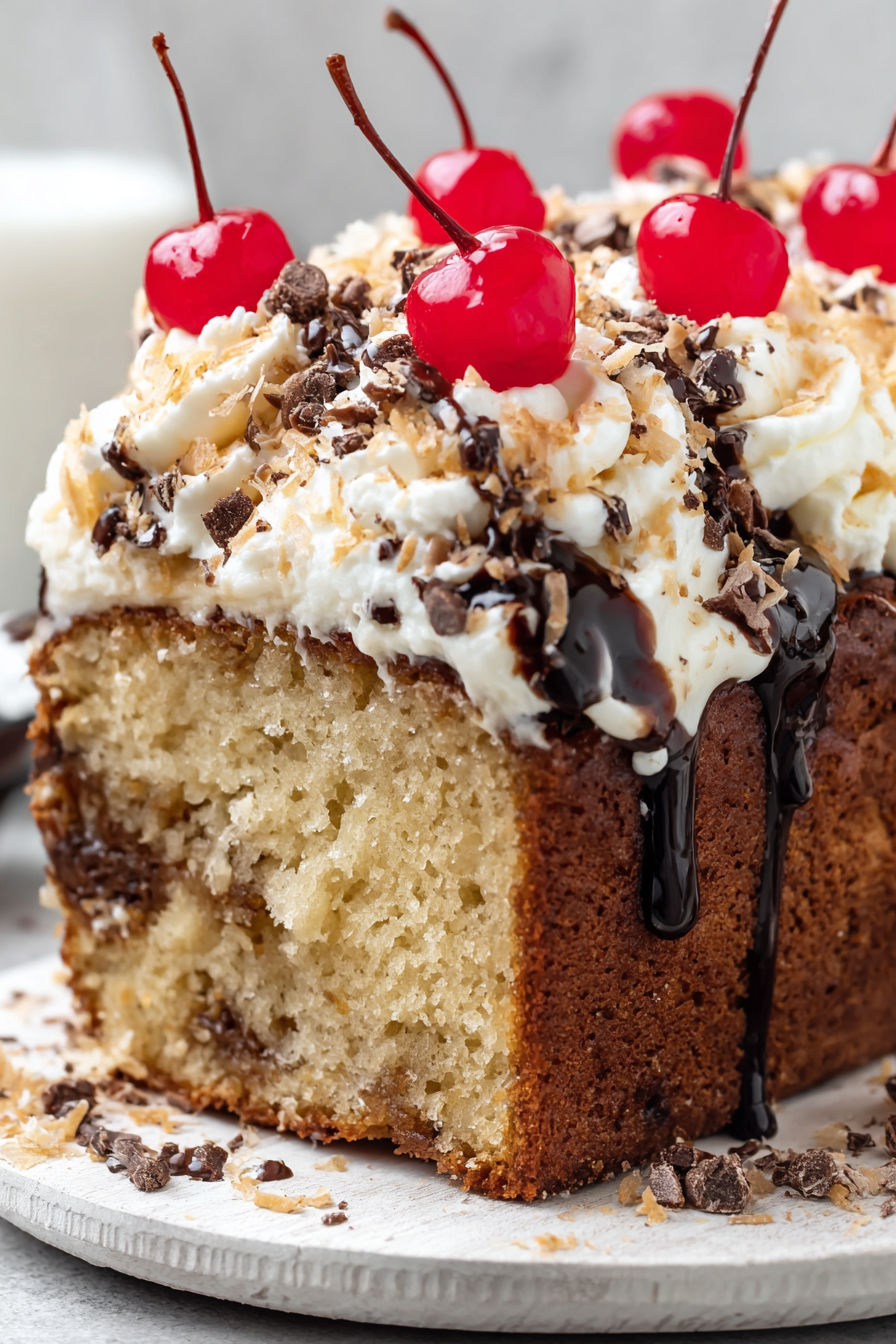 A slice of banana bread with chocolate drizzle.