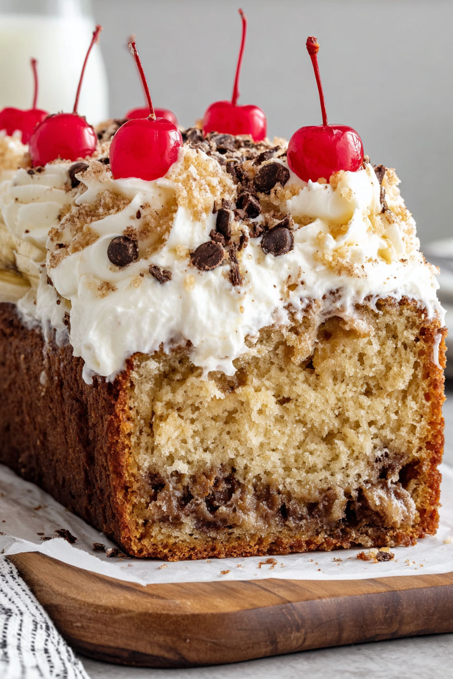 A slice of banana bread with chocolate chips and cherries on top.