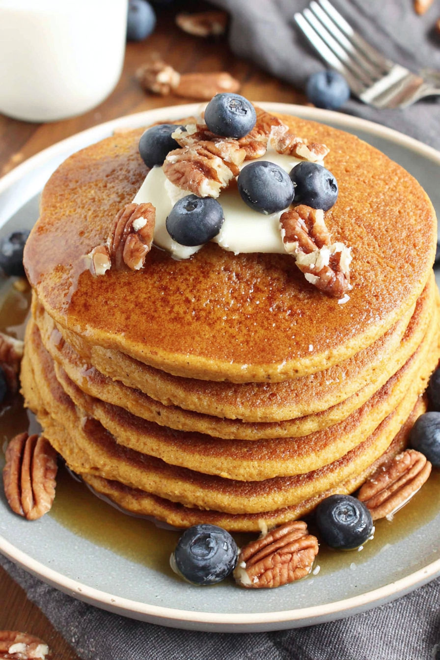 A stack of gluten free sweet potato pancakes with blueberries on top.