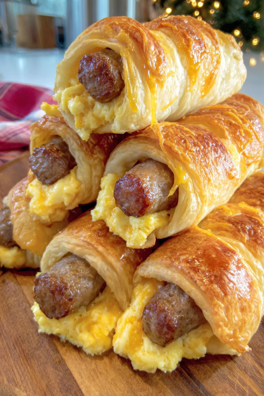 A stack of breakfast pigs in blanket.