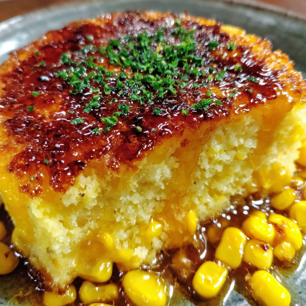A slice of honey-glazed corn casserole.