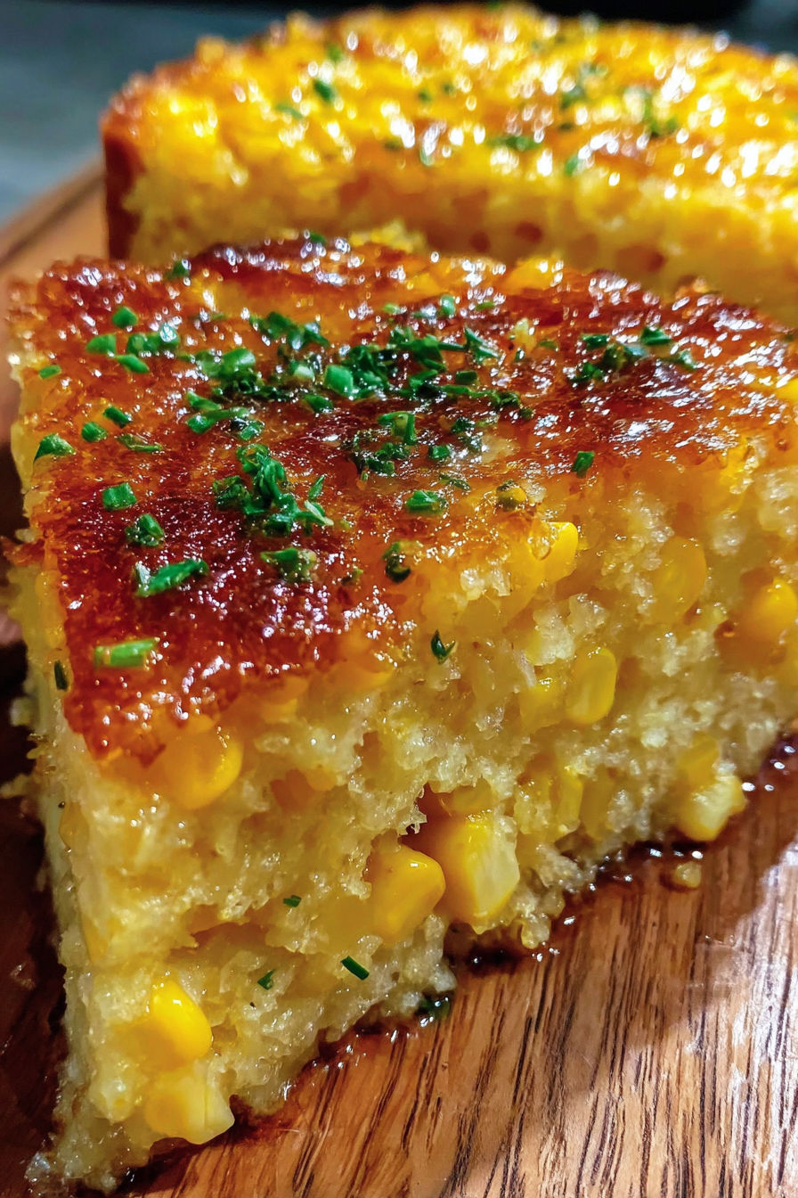 A slice of honey-glazed corn casserole.