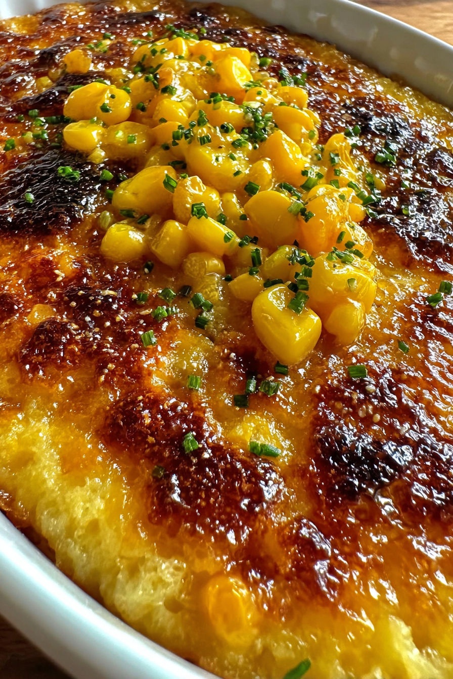 A close up of a honey-glazed corn casserole.