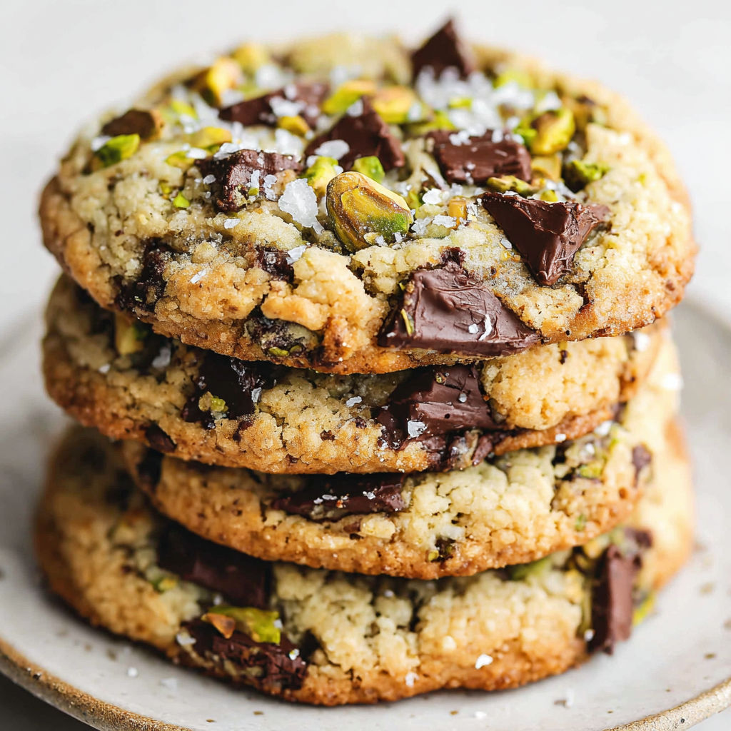 A stack of pistachio chocolate chip cookies.