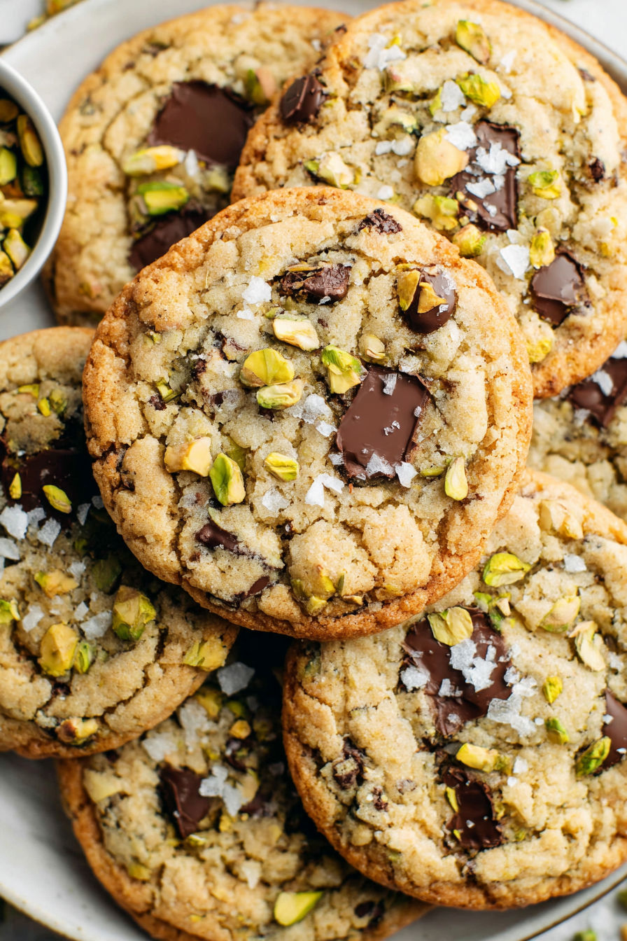 A pile of chocolate chip cookies with pistachio nuts on top.