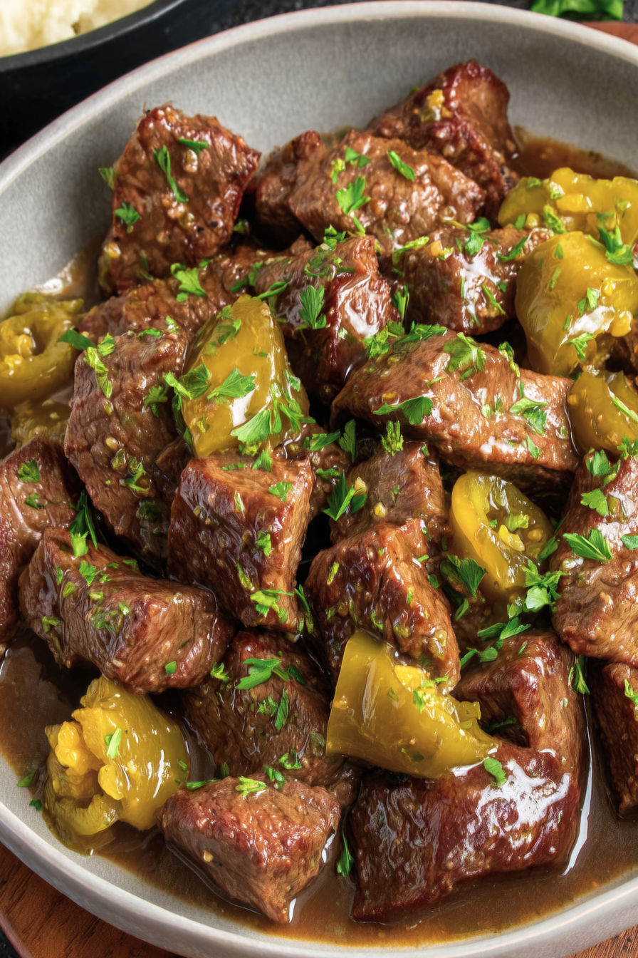 Mississippi Steak Bites with green peppers and onions.