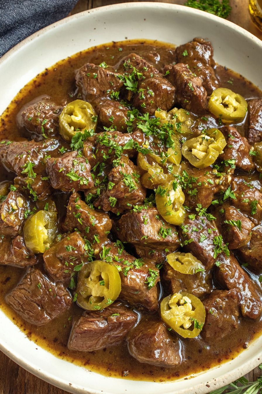 A plate of beef with peppers and onions.