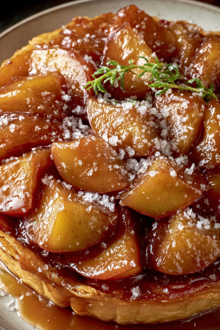 A close up of a caramel apple tarte tatin.
