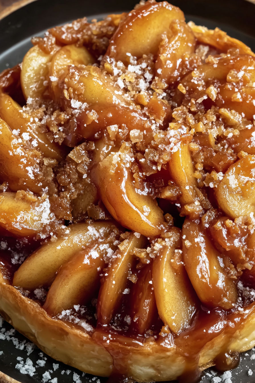 A caramel apple tarte tatin with candy on top.
