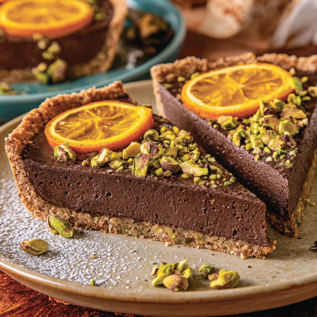 A slice of chocolate orange tart.