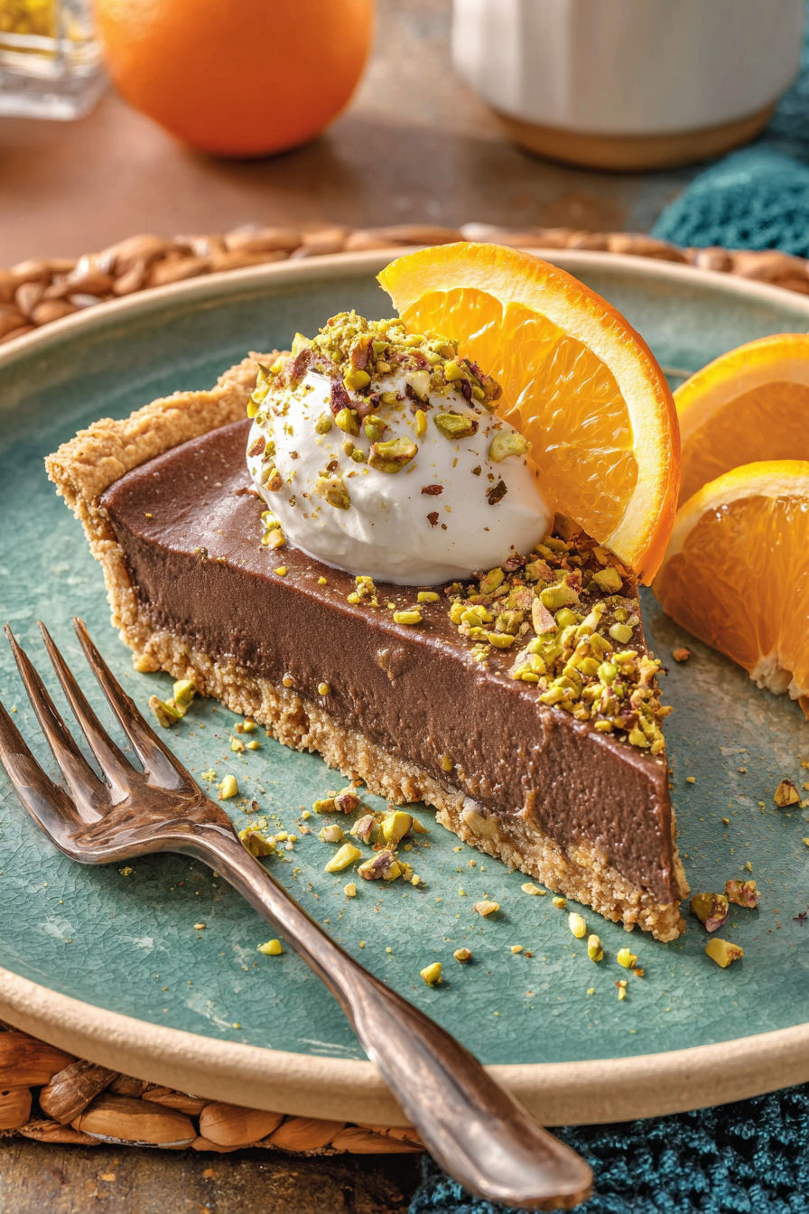 A slice of chocolate orange tart with a dollop of whipped cream on top.