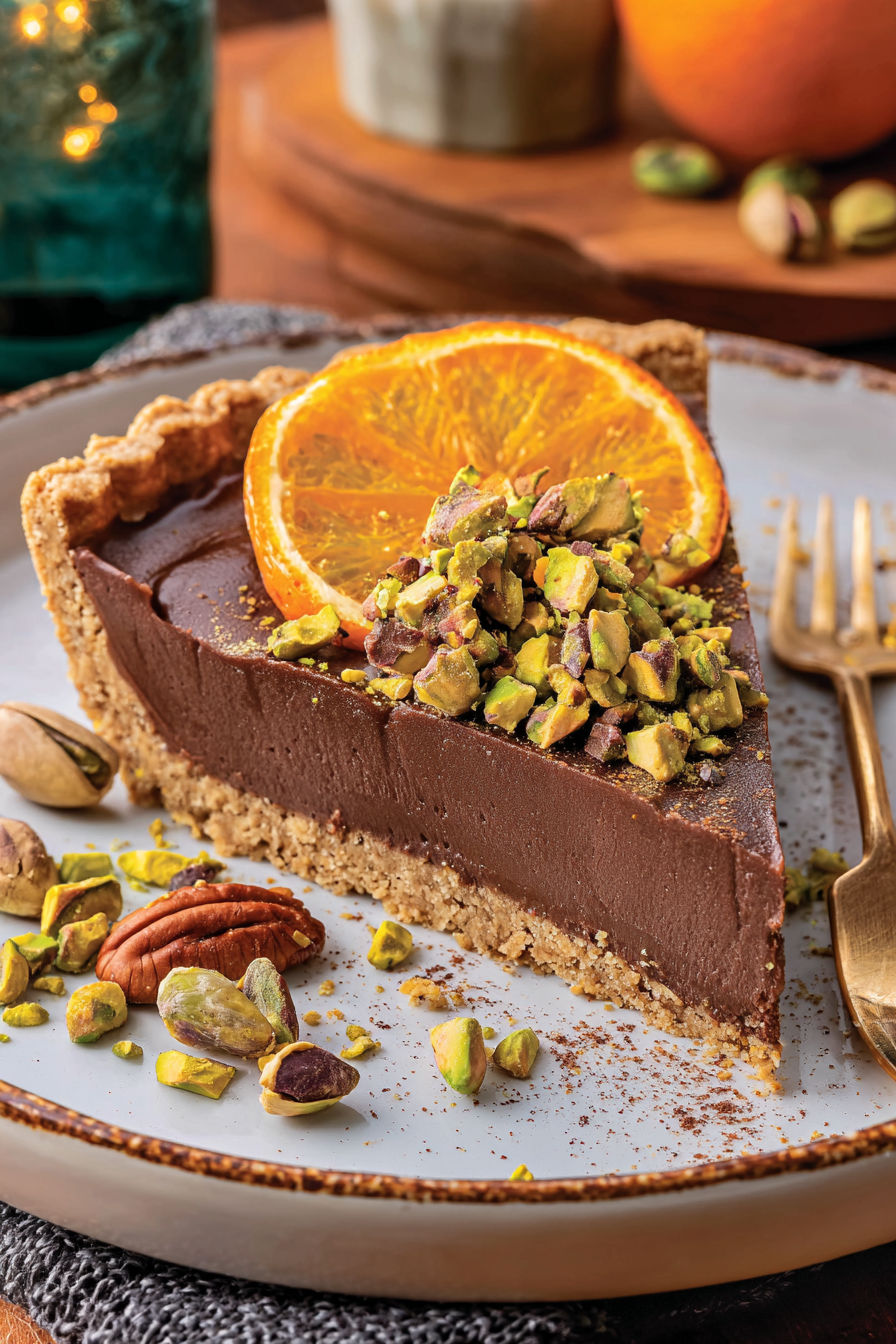 A slice of chocolate orange tart with a fork on the side.