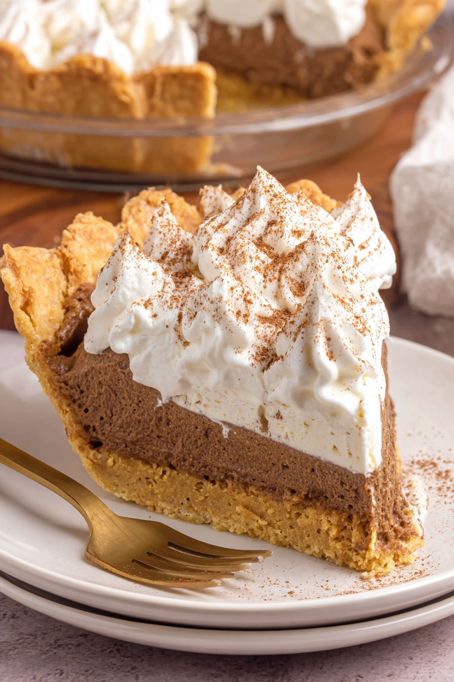 A slice of cinnamon pie with white whipped cream.