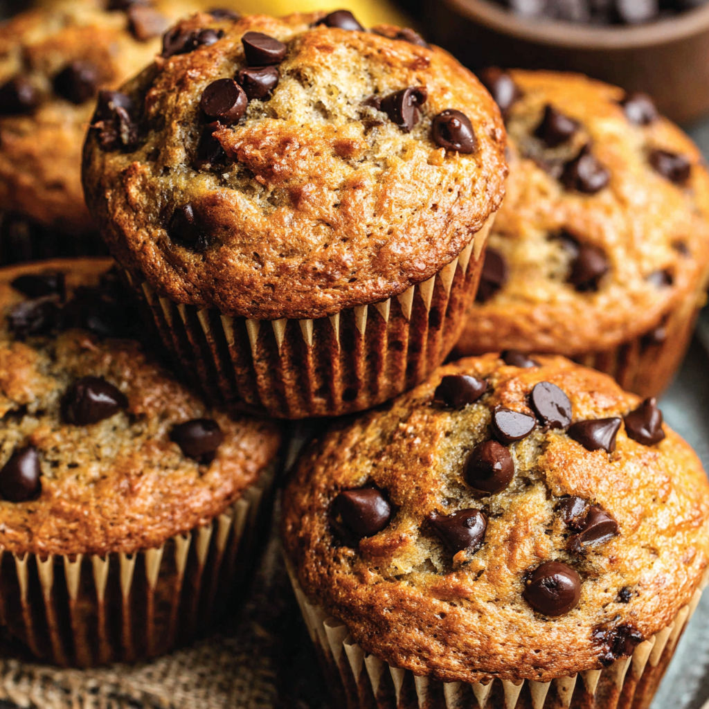 A stack of banana chocolate chip muffins.