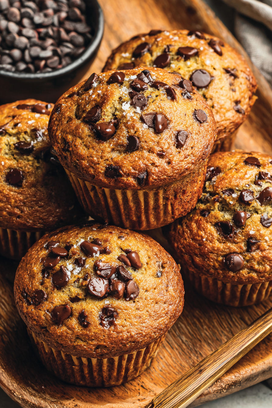 A plate of banana chocolate chip muffins.