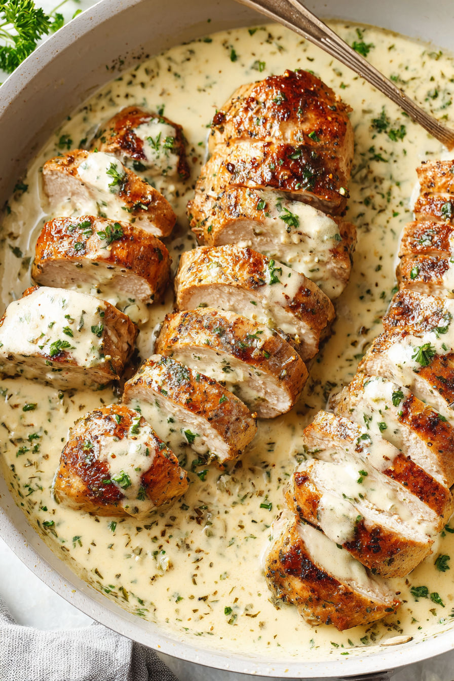 A plate of pork tenderloin with a creamy white sauce.