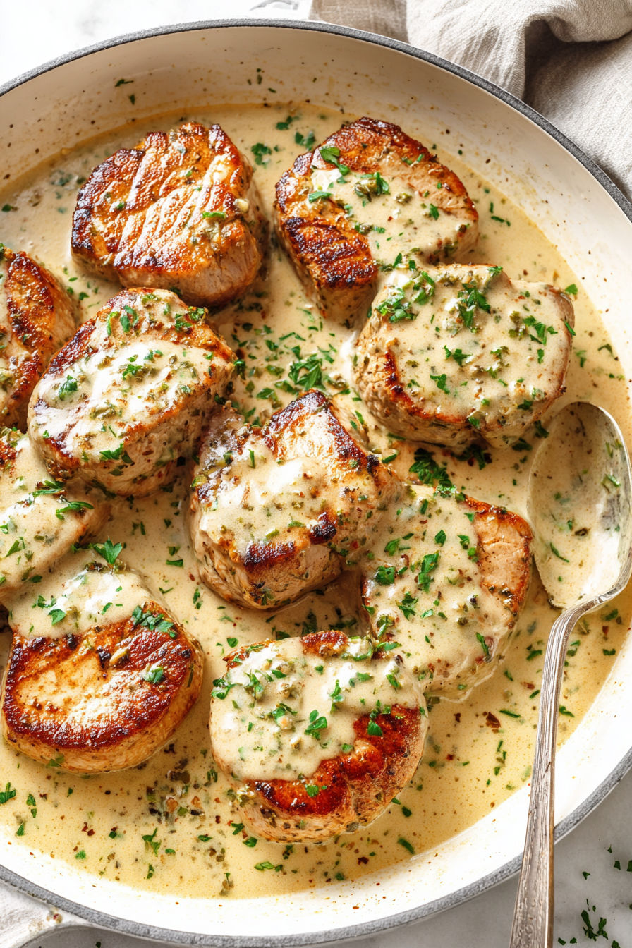 A plate of pork tenderloin covered in a creamy white sauce.