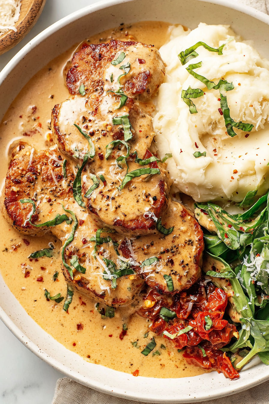 A plate of food with a piece of meat and a side of mashed potatoes.