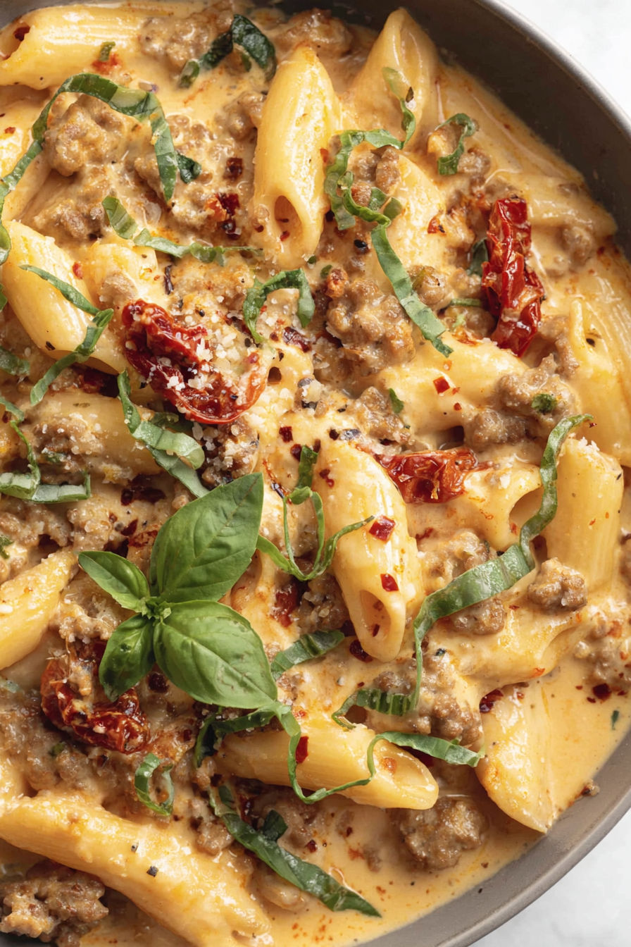 A close up of a delicious pasta dish.